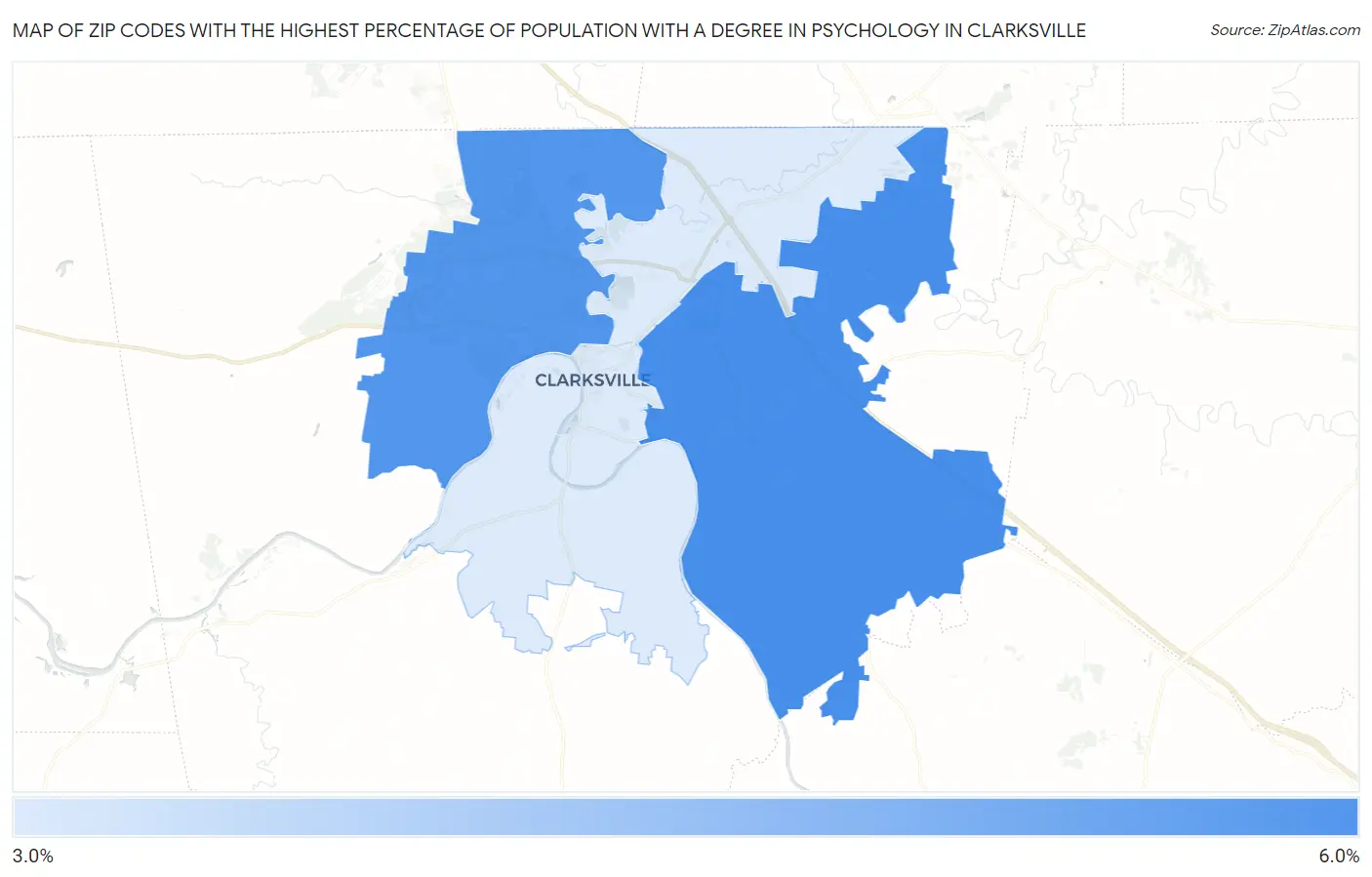 Zip Codes with the Highest Percentage of Population with a Degree in Psychology in Clarksville Map