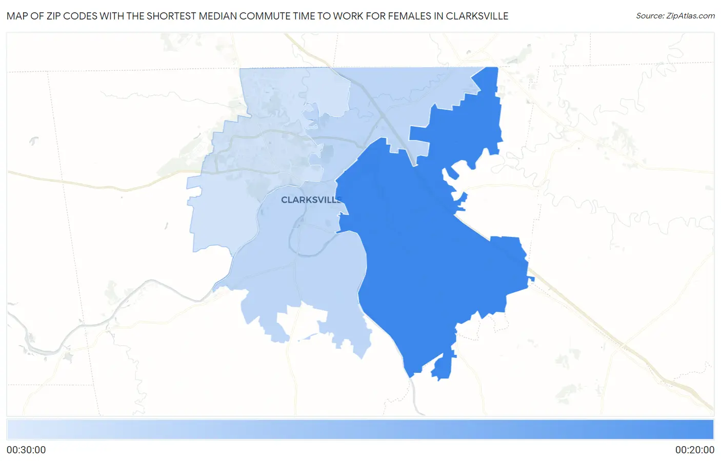 Zip Codes with the Shortest Median Commute Time to Work for Females in Clarksville Map