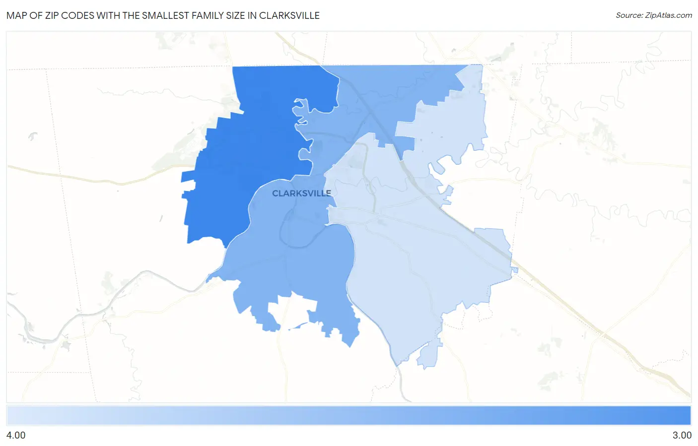 Zip Codes with the Smallest Family Size in Clarksville Map