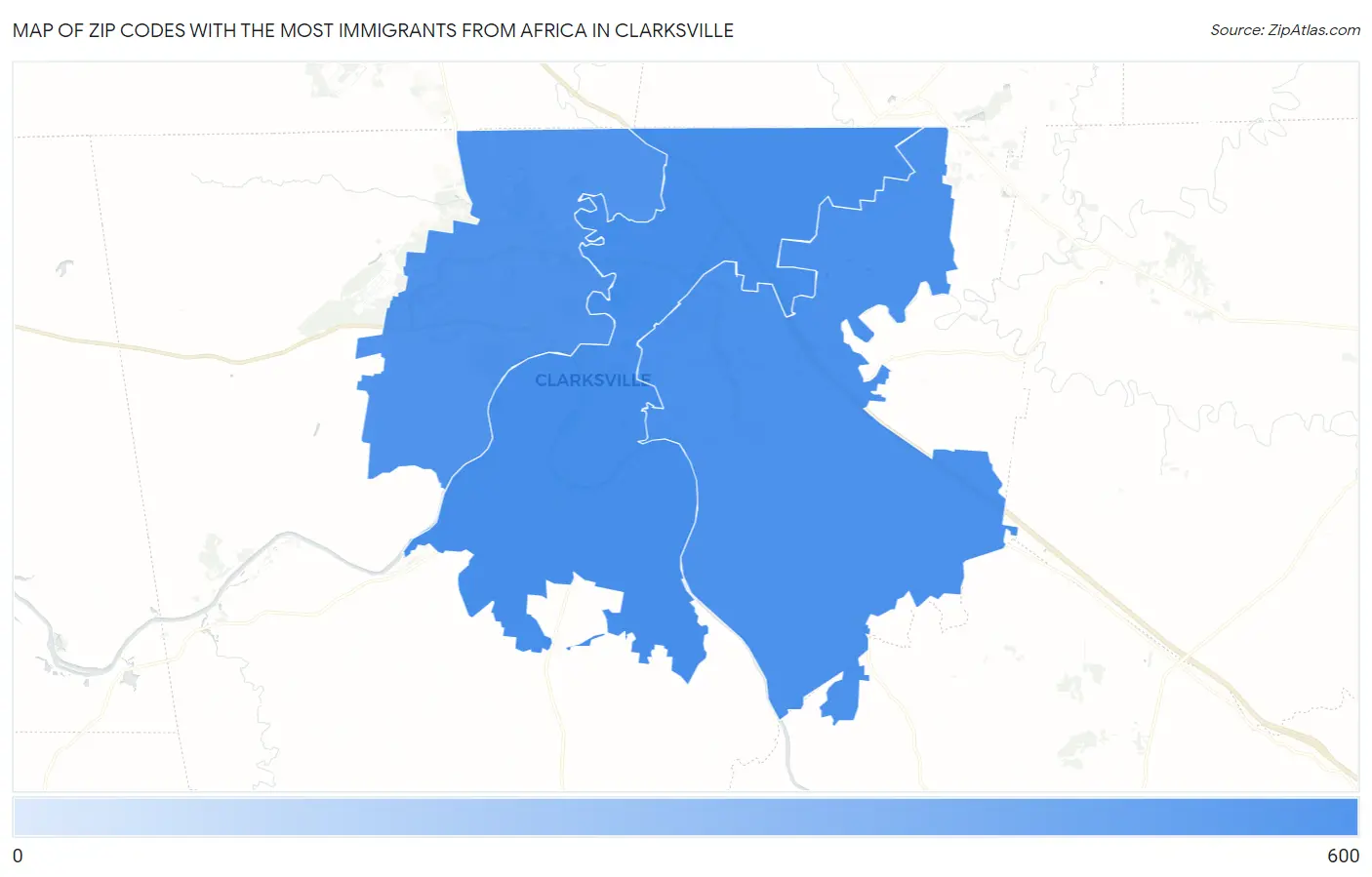Zip Codes with the Most Immigrants from Africa in Clarksville Map