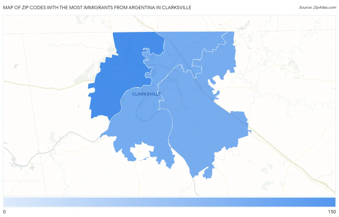 Zip Codes with the Most Immigrants from Argentina in Clarksville Map