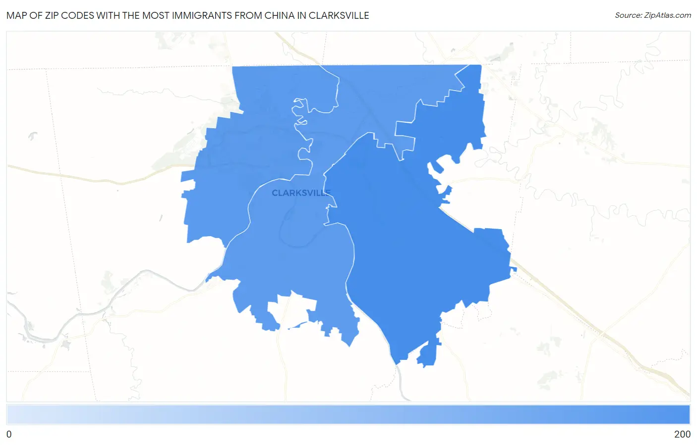 Zip Codes with the Most Immigrants from China in Clarksville Map