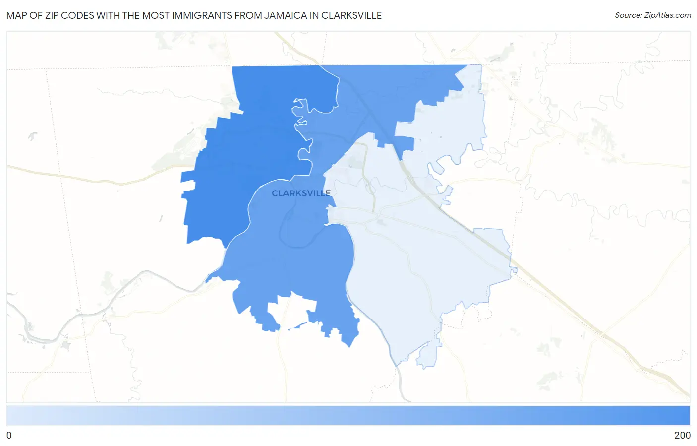 Zip Codes with the Most Immigrants from Jamaica in Clarksville Map