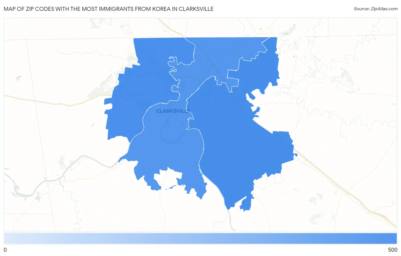 Zip Codes with the Most Immigrants from Korea in Clarksville Map