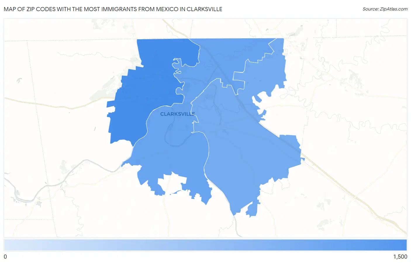 Zip Codes with the Most Immigrants from Mexico in Clarksville Map