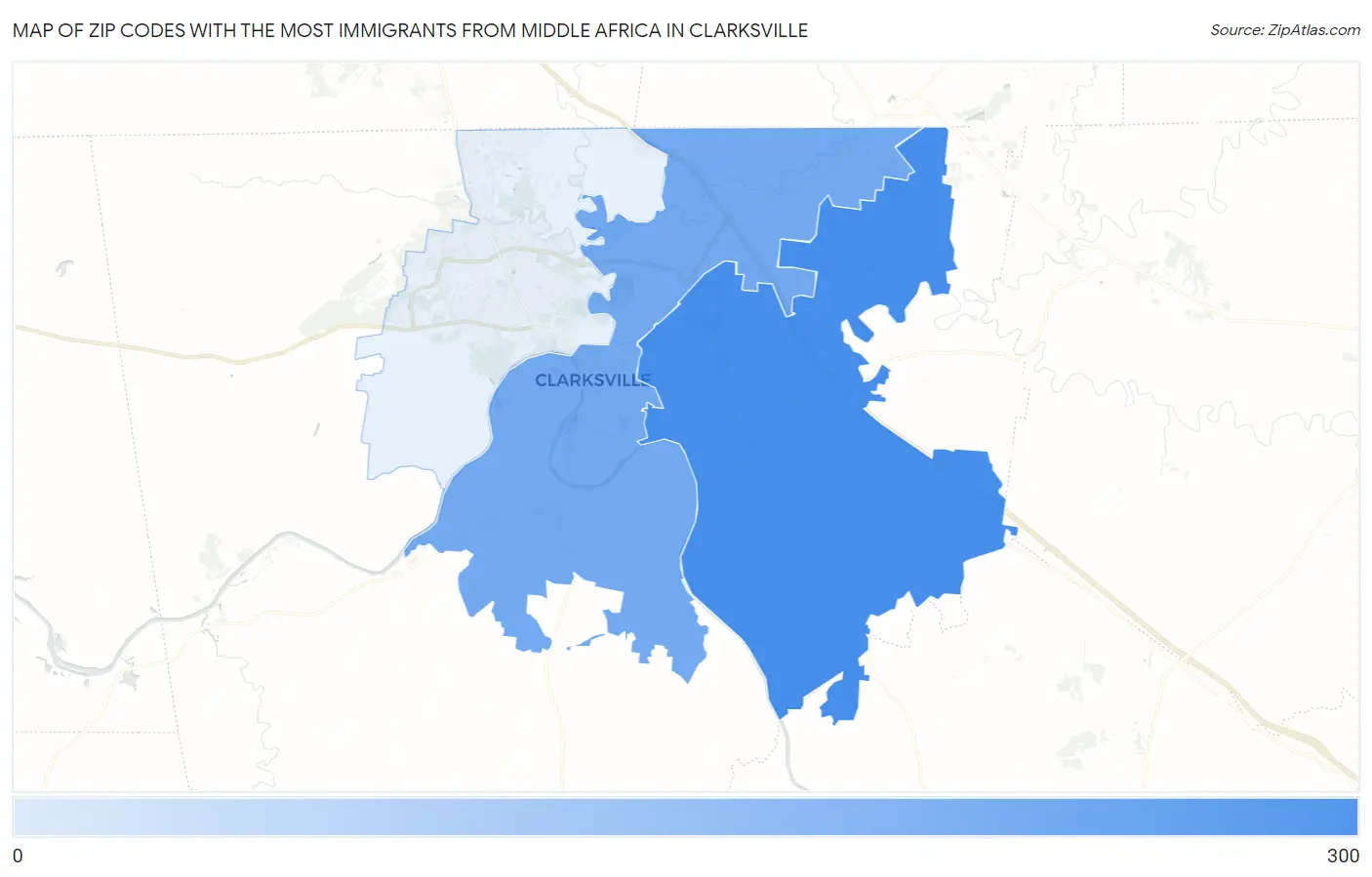 Zip Codes with the Most Immigrants from Middle Africa in Clarksville Map
