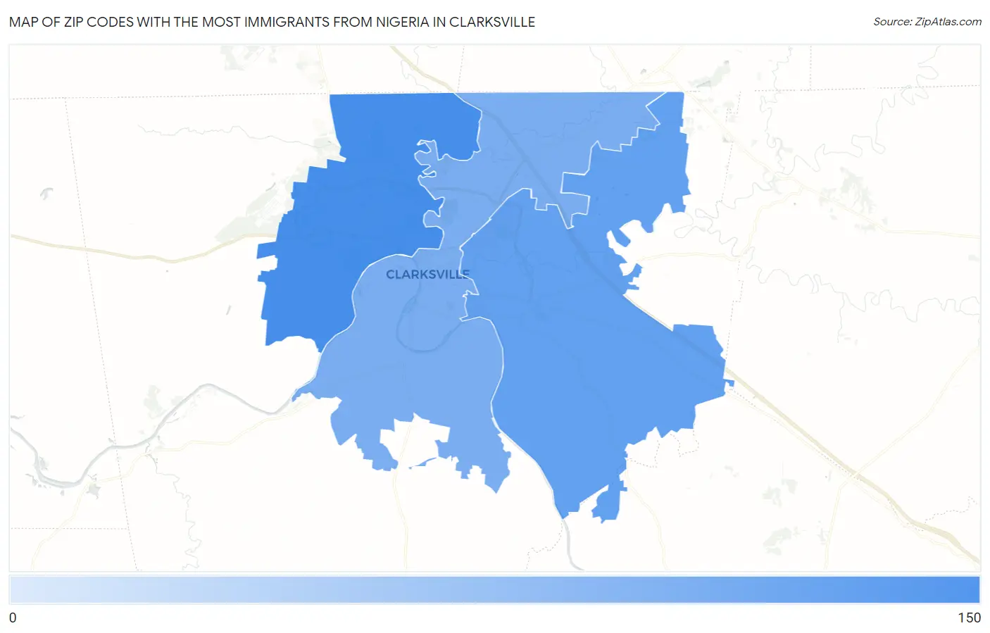Zip Codes with the Most Immigrants from Nigeria in Clarksville Map