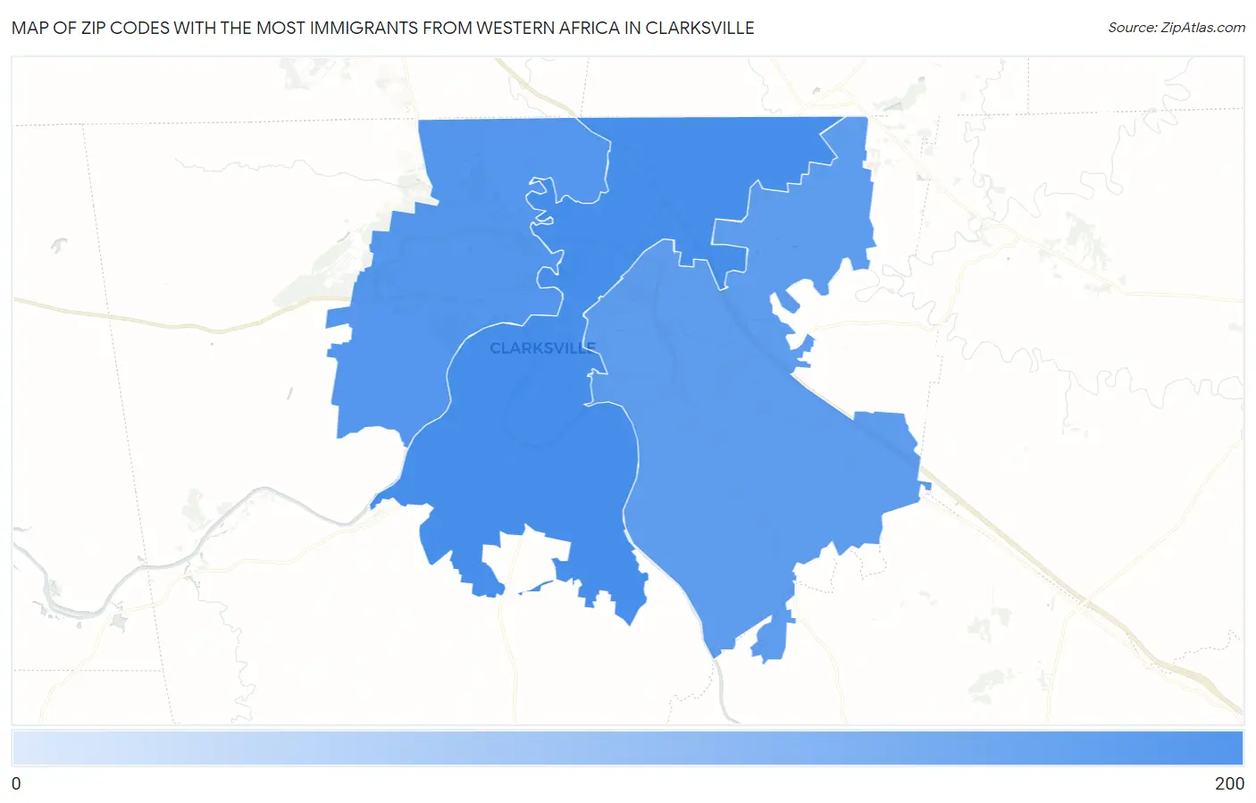 Zip Codes with the Most Immigrants from Western Africa in Clarksville Map