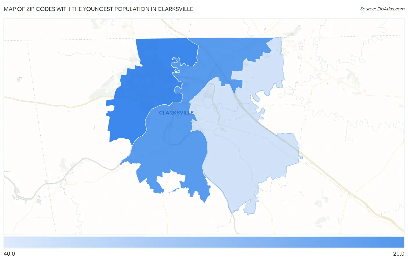 Zip Codes with the Youngest Population in Clarksville Map