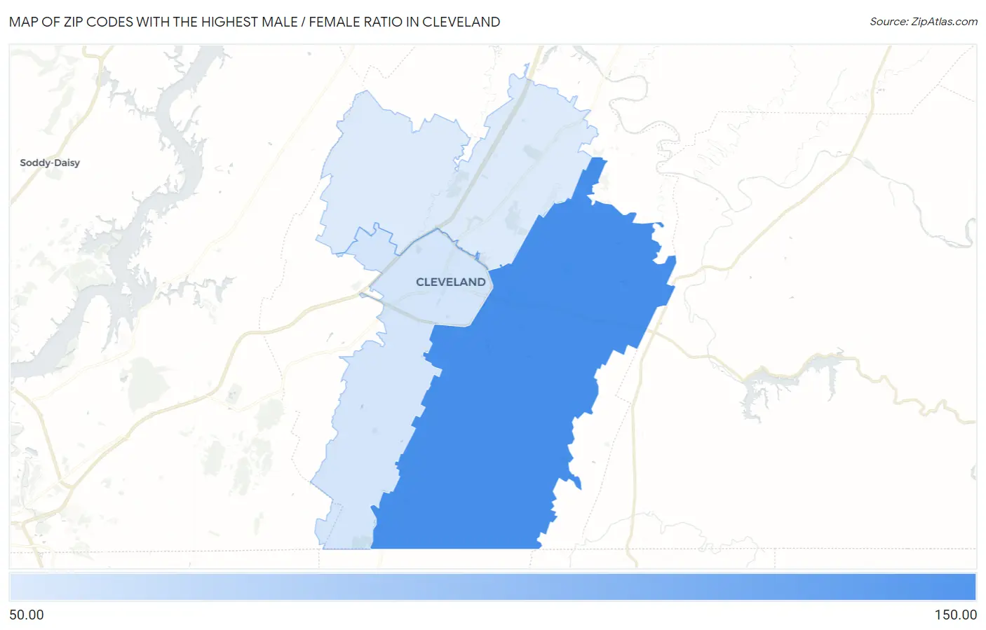 Zip Codes with the Highest Male / Female Ratio in Cleveland Map