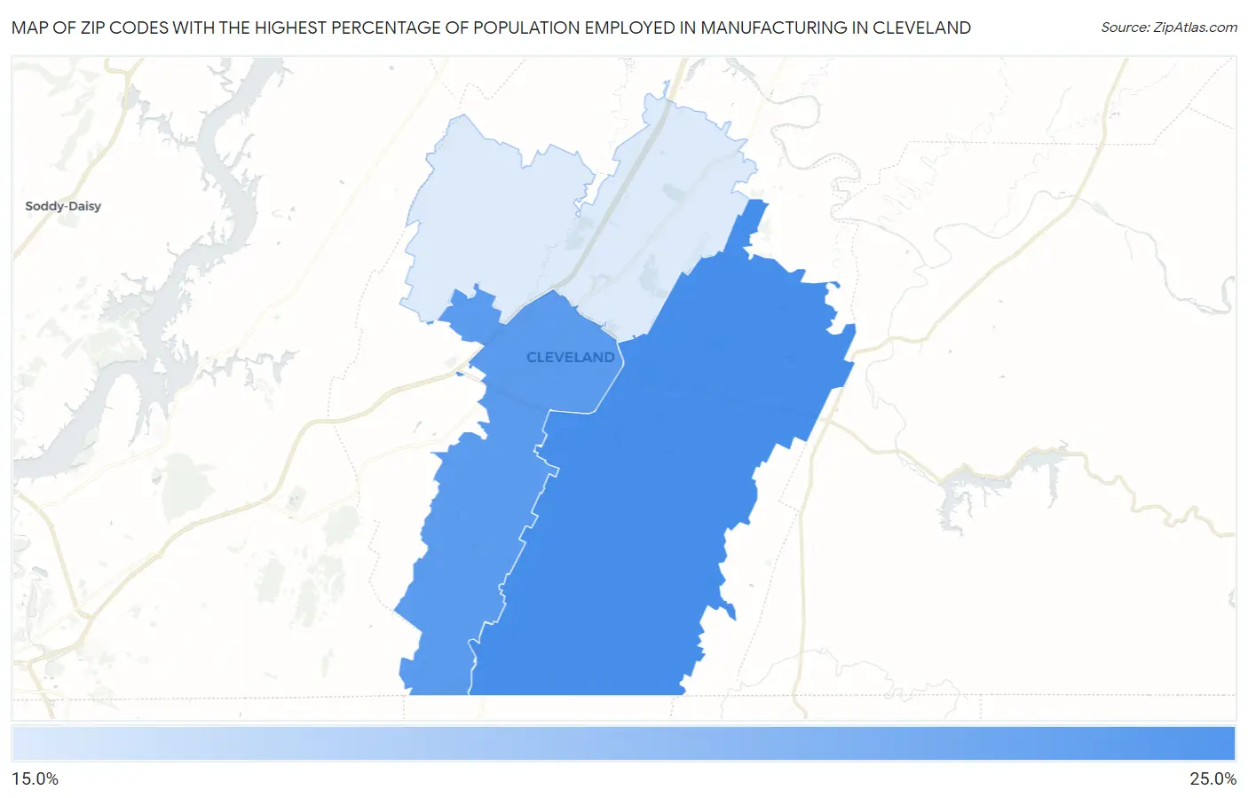 Zip Codes with the Highest Percentage of Population Employed in Manufacturing in Cleveland Map