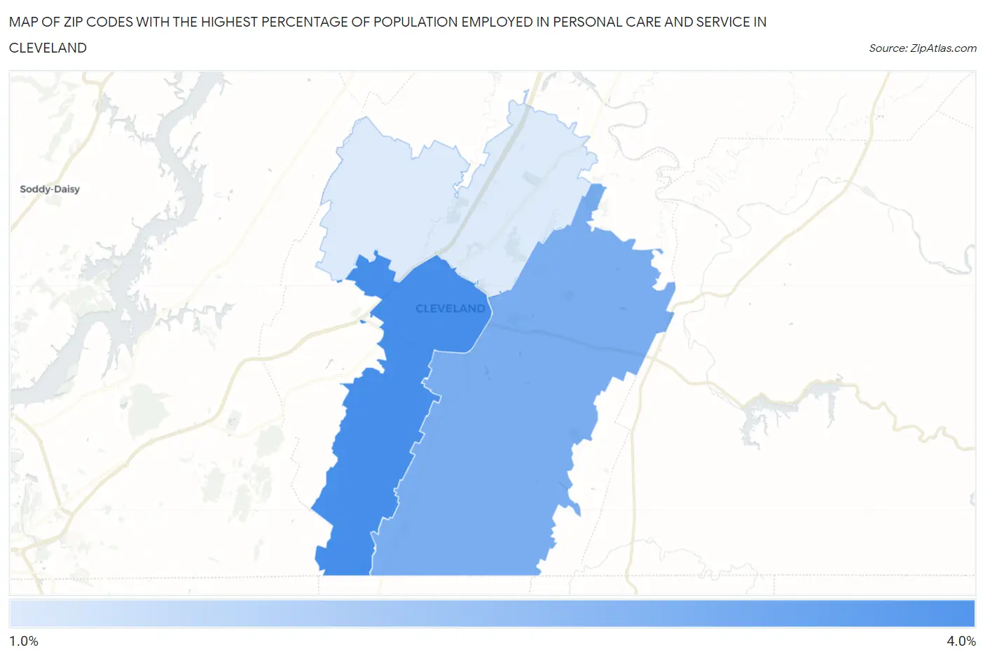 Zip Codes with the Highest Percentage of Population Employed in Personal Care and Service in Cleveland Map