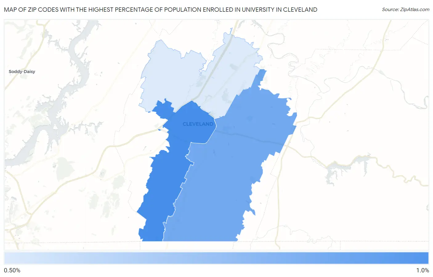 Zip Codes with the Highest Percentage of Population Enrolled in University in Cleveland Map