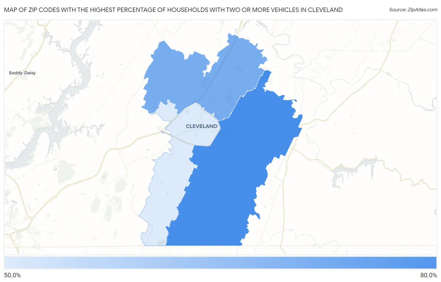 Zip Codes with the Highest Percentage of Households With Two or more Vehicles in Cleveland Map