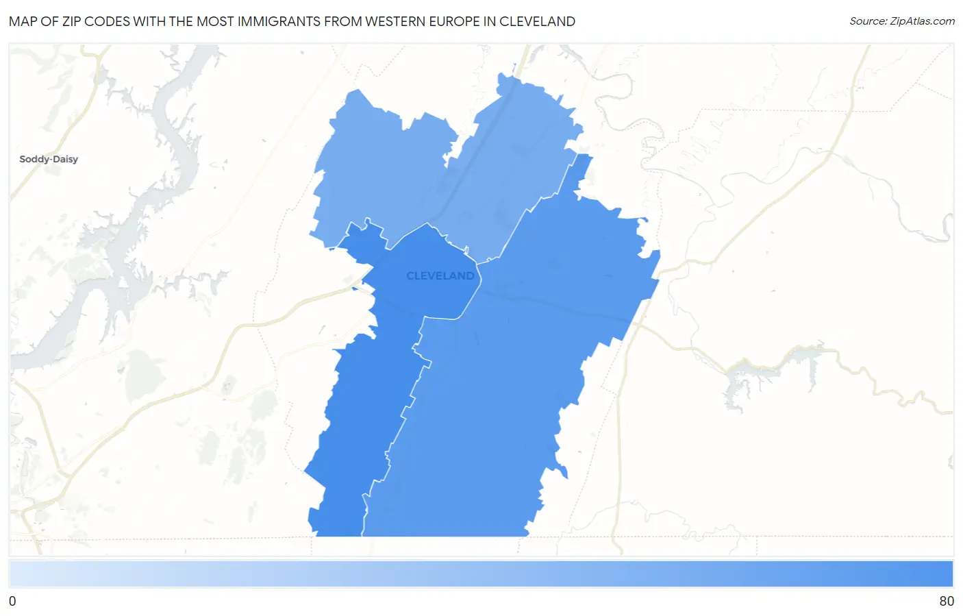 Zip Codes with the Most Immigrants from Western Europe in Cleveland Map