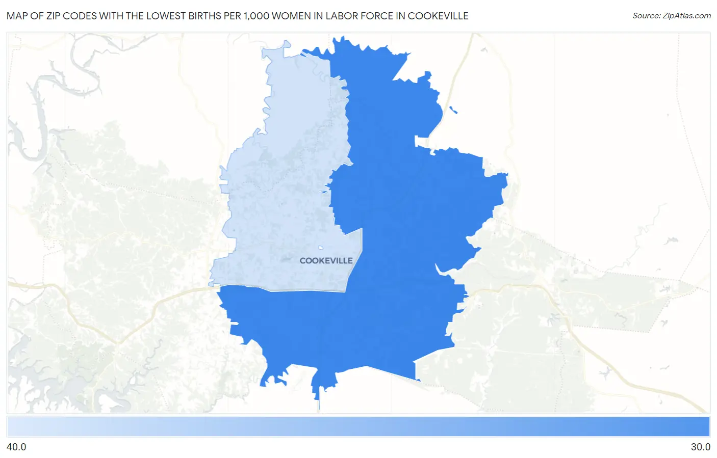 Zip Codes with the Lowest Births per 1,000 Women in Labor Force in Cookeville Map