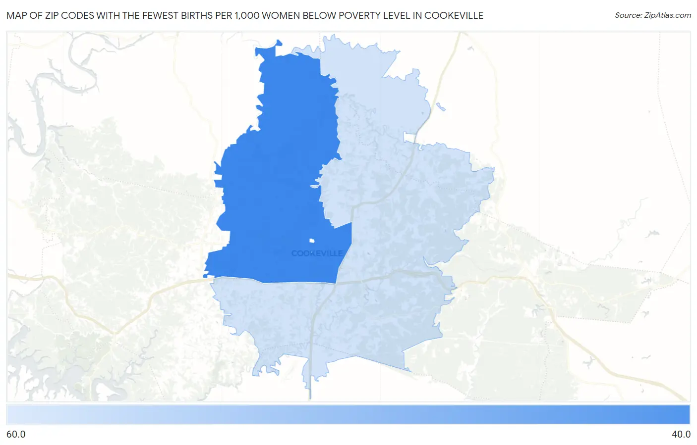 Zip Codes with the Fewest Births per 1,000 Women Below Poverty Level in Cookeville Map