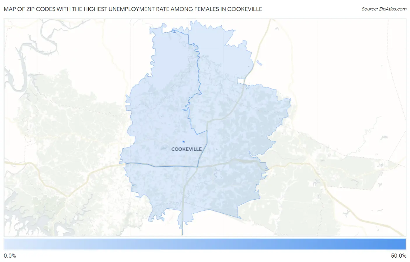 Zip Codes with the Highest Unemployment Rate Among Females in Cookeville Map