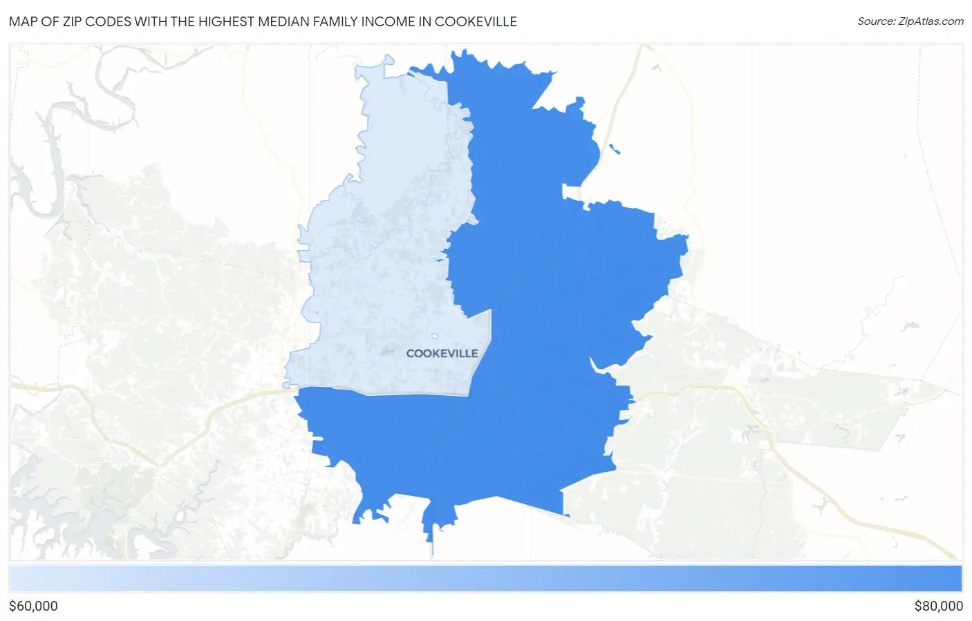 Zip Codes with the Highest Median Family Income in Cookeville Map
