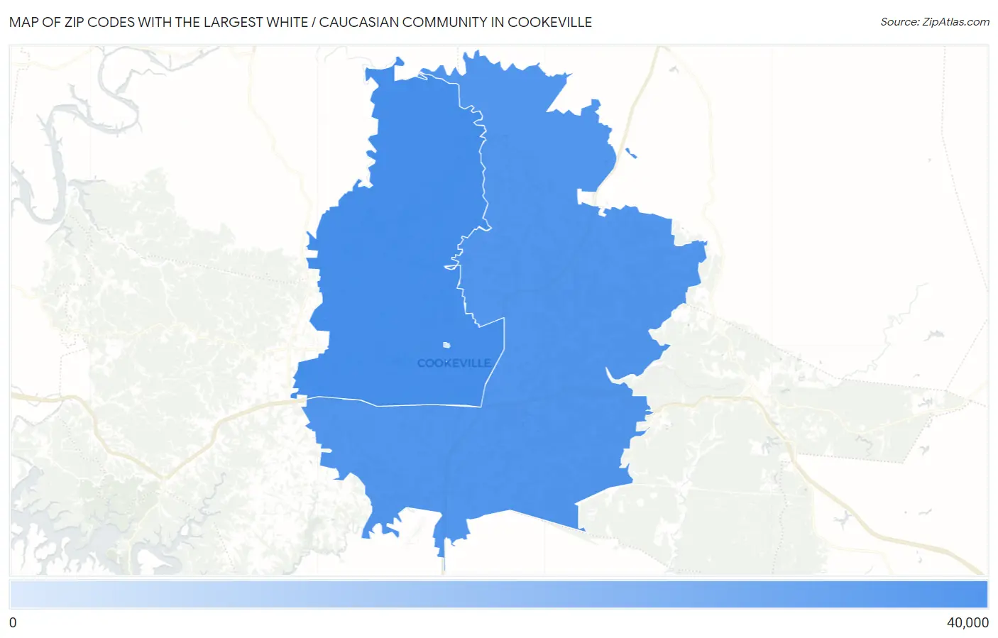Zip Codes with the Largest White / Caucasian Community in Cookeville Map