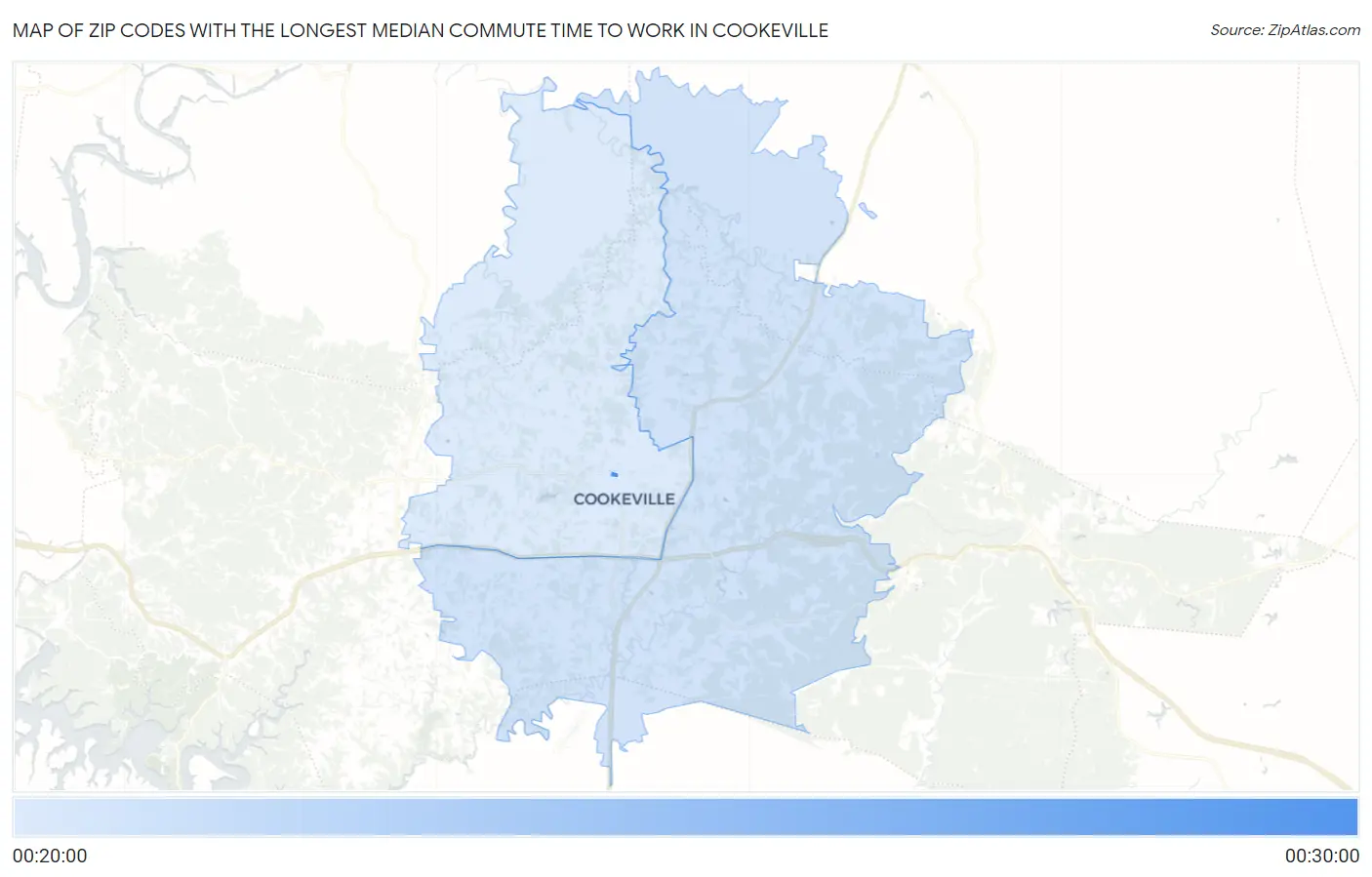 Zip Codes with the Longest Median Commute Time to Work in Cookeville Map