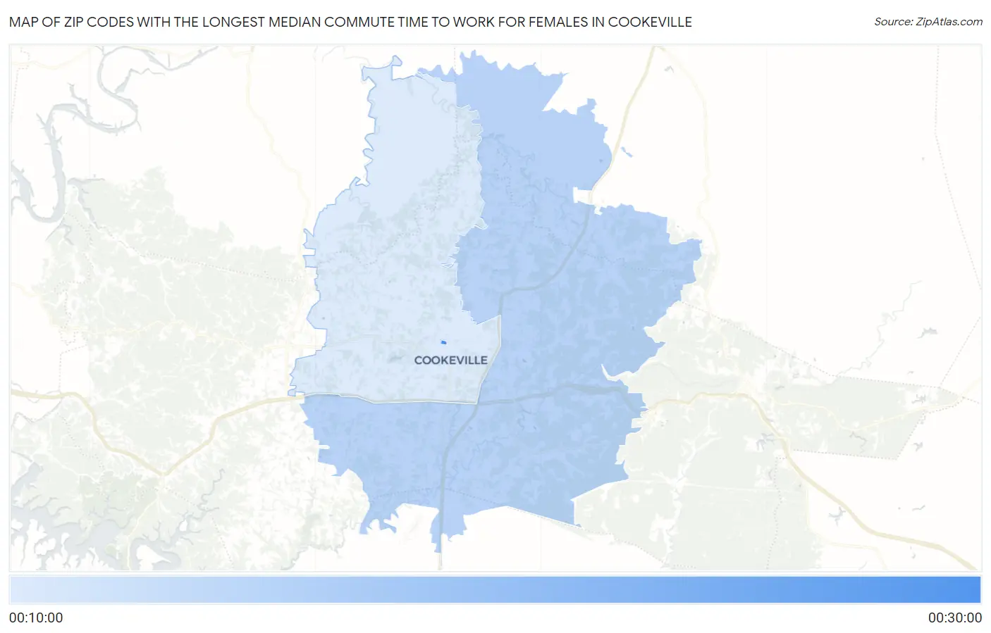 Zip Codes with the Longest Median Commute Time to Work for Females in Cookeville Map