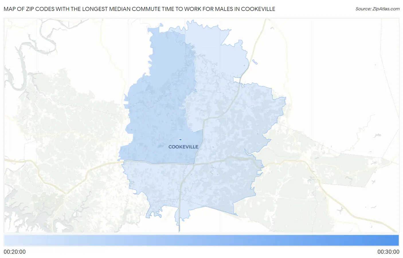 Zip Codes with the Longest Median Commute Time to Work for Males in Cookeville Map