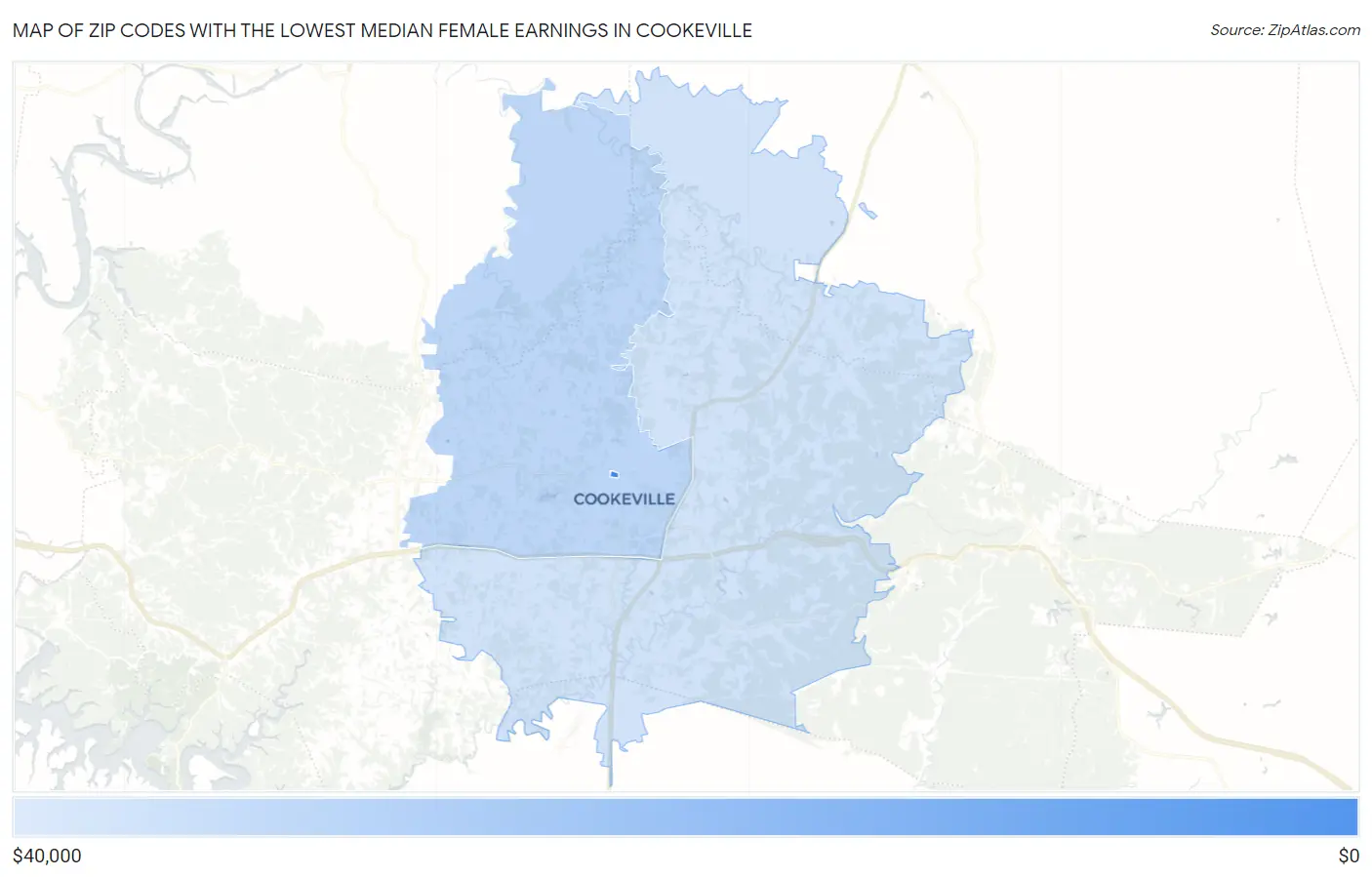 Zip Codes with the Lowest Median Female Earnings in Cookeville Map