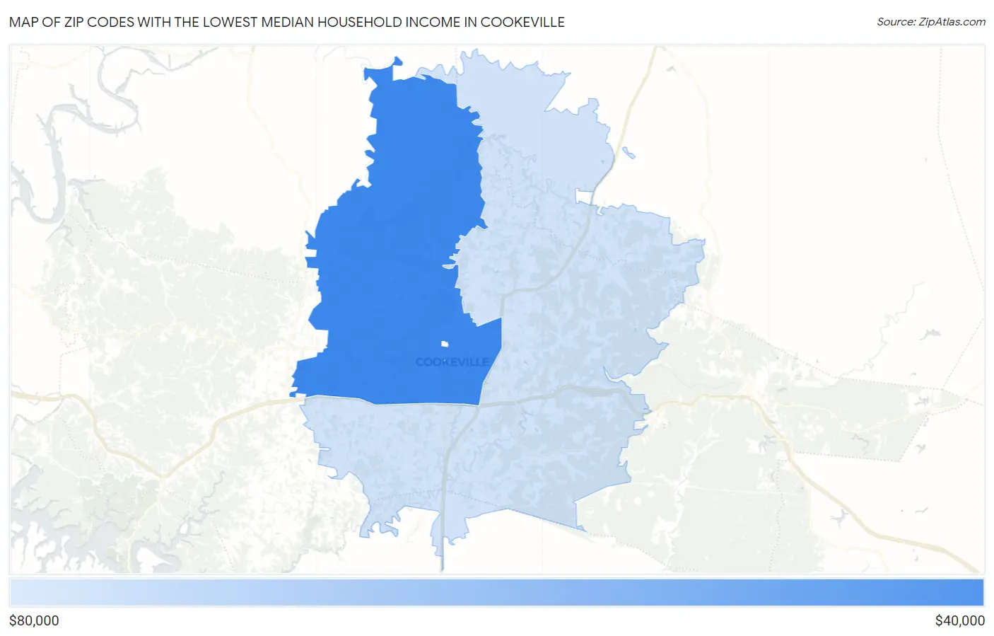 Zip Codes with the Lowest Median Household Income in Cookeville Map