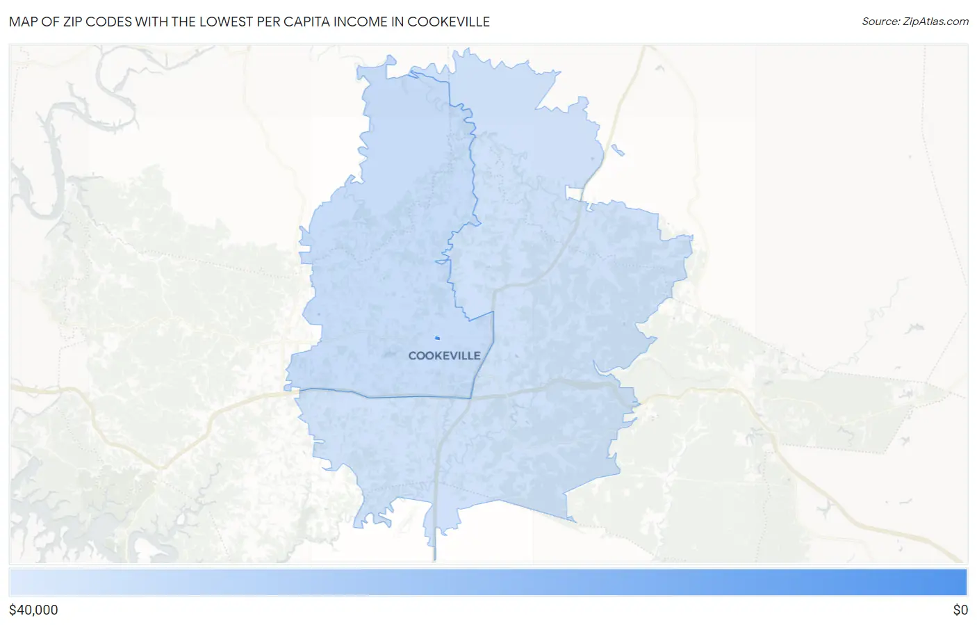 Zip Codes with the Lowest Per Capita Income in Cookeville Map