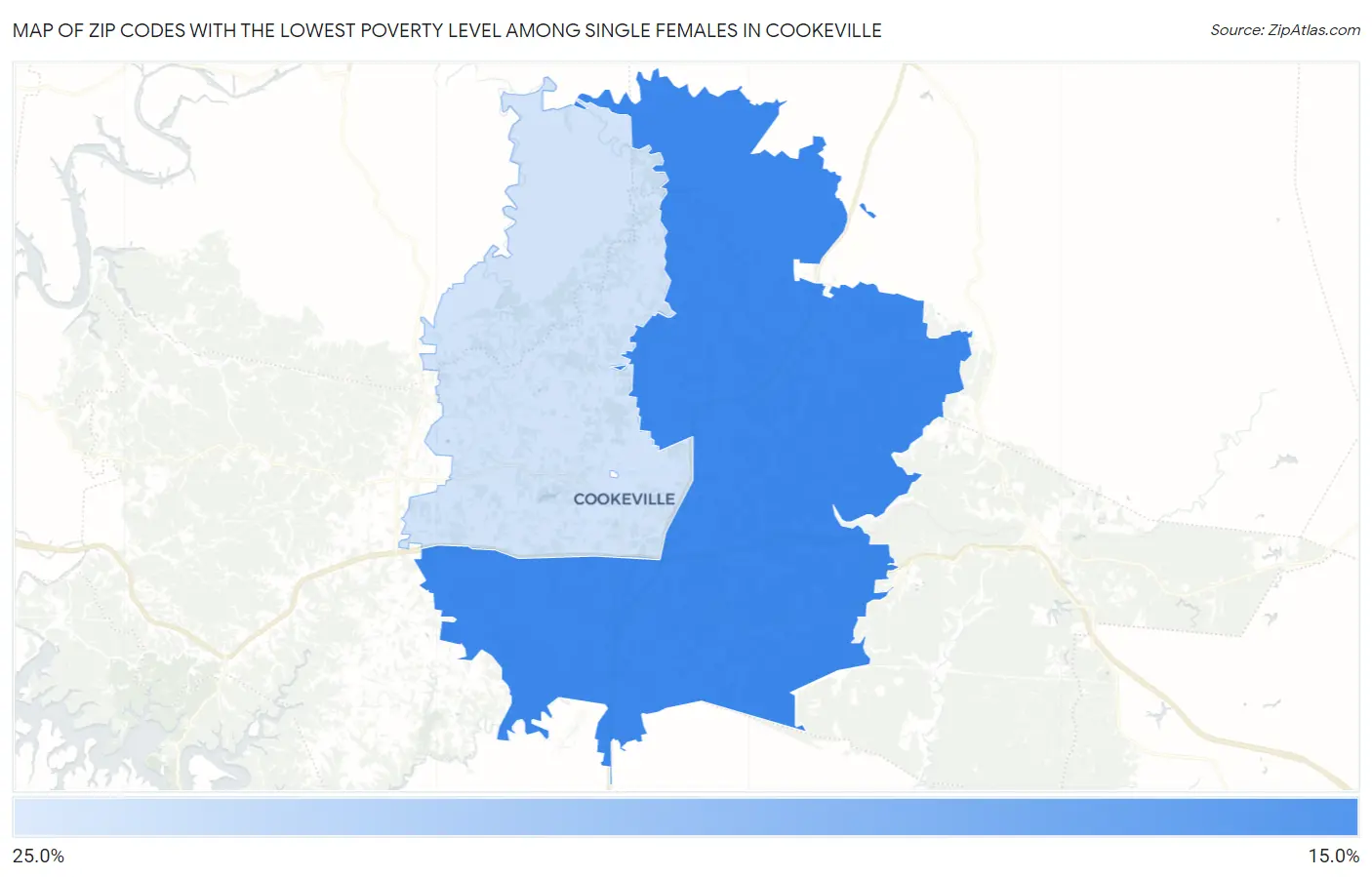 Zip Codes with the Lowest Poverty Level Among Single Females in Cookeville Map