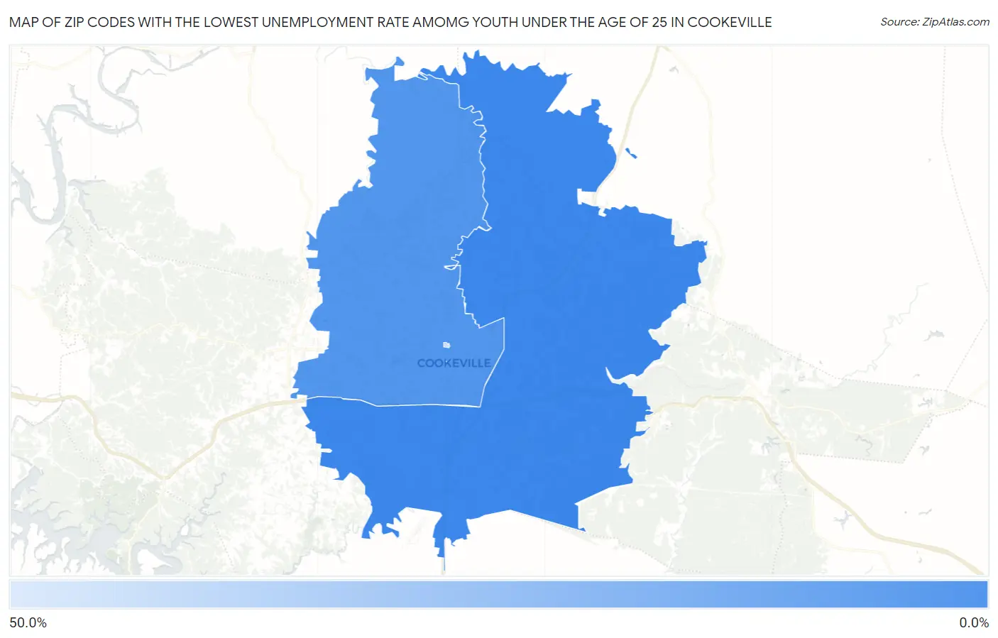 Zip Codes with the Lowest Unemployment Rate Amomg Youth Under the Age of 25 in Cookeville Map