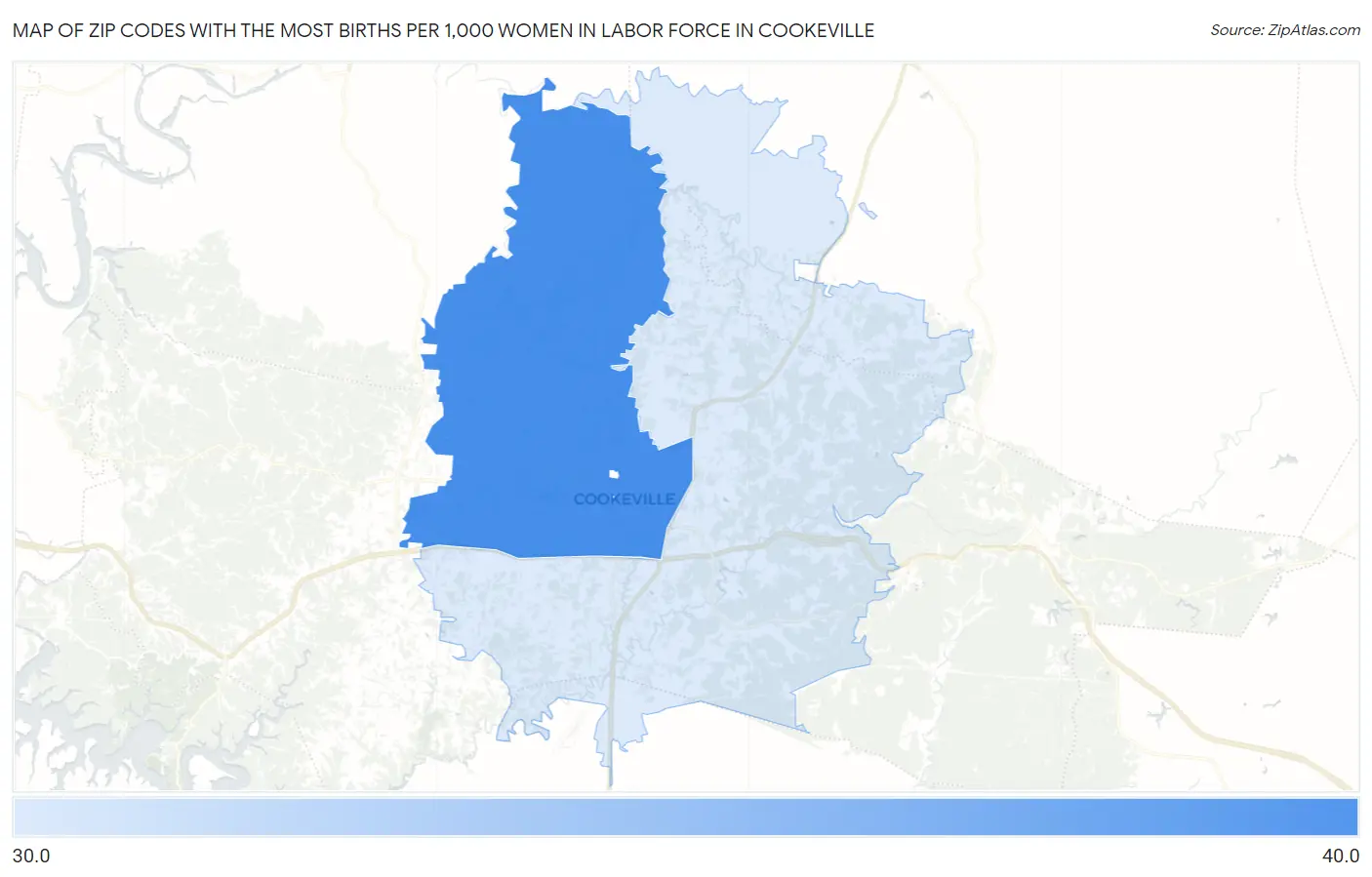 Zip Codes with the Most Births per 1,000 Women in Labor Force in Cookeville Map
