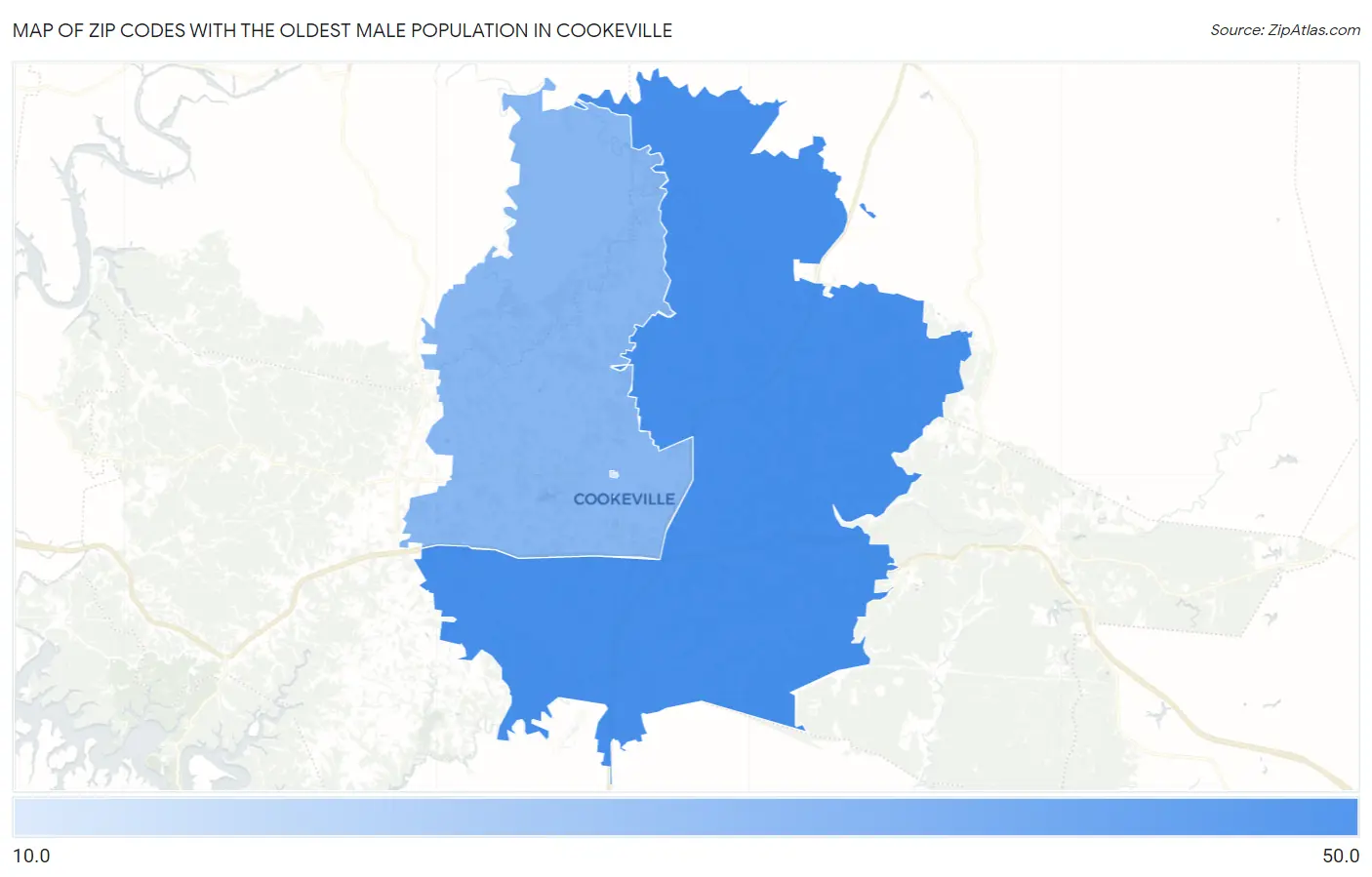 Zip Codes with the Oldest Male Population in Cookeville Map