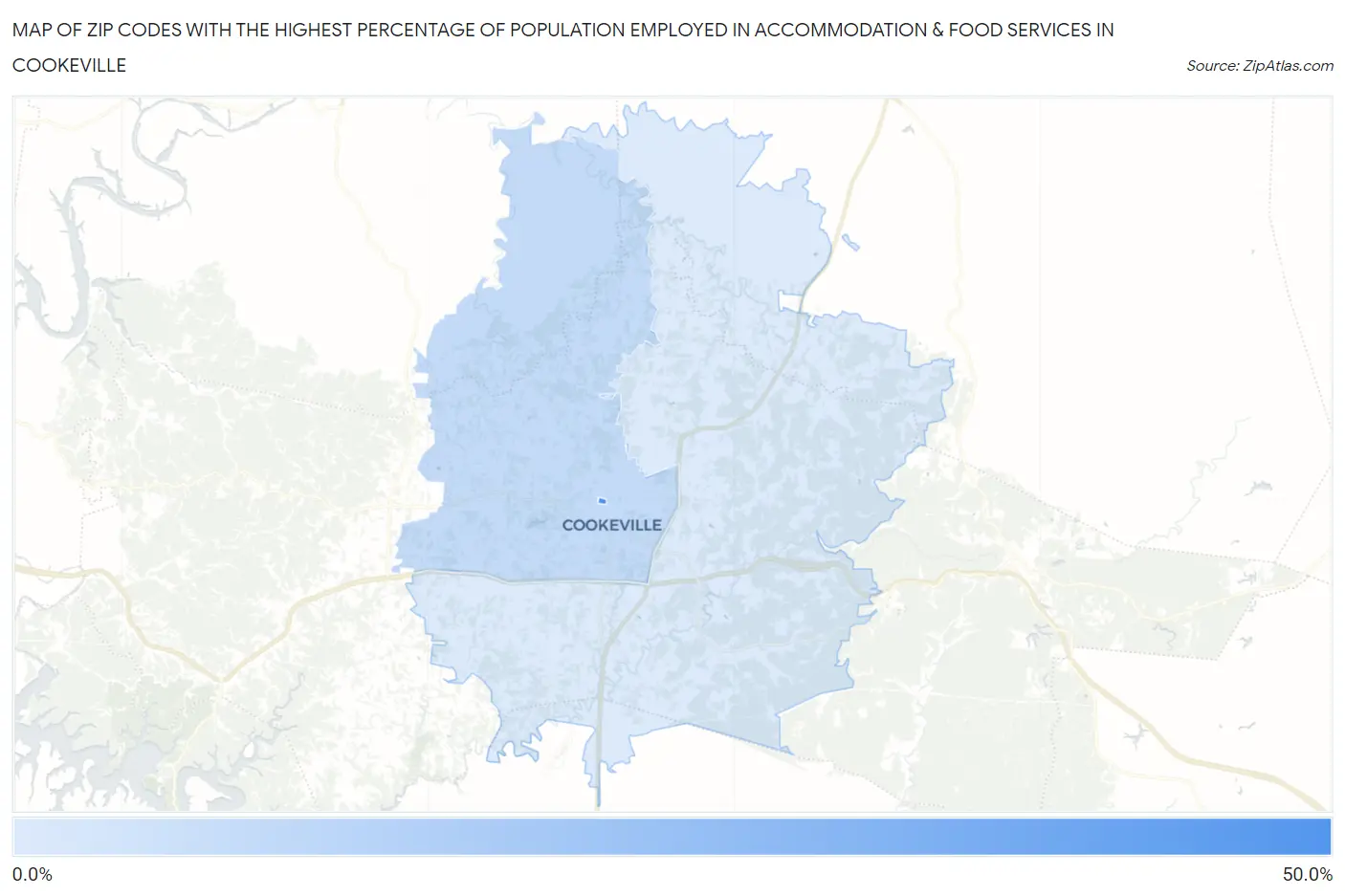 Zip Codes with the Highest Percentage of Population Employed in Accommodation & Food Services in Cookeville Map