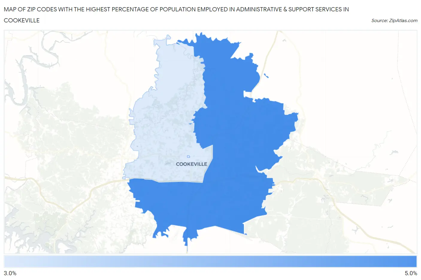 Zip Codes with the Highest Percentage of Population Employed in Administrative & Support Services in Cookeville Map
