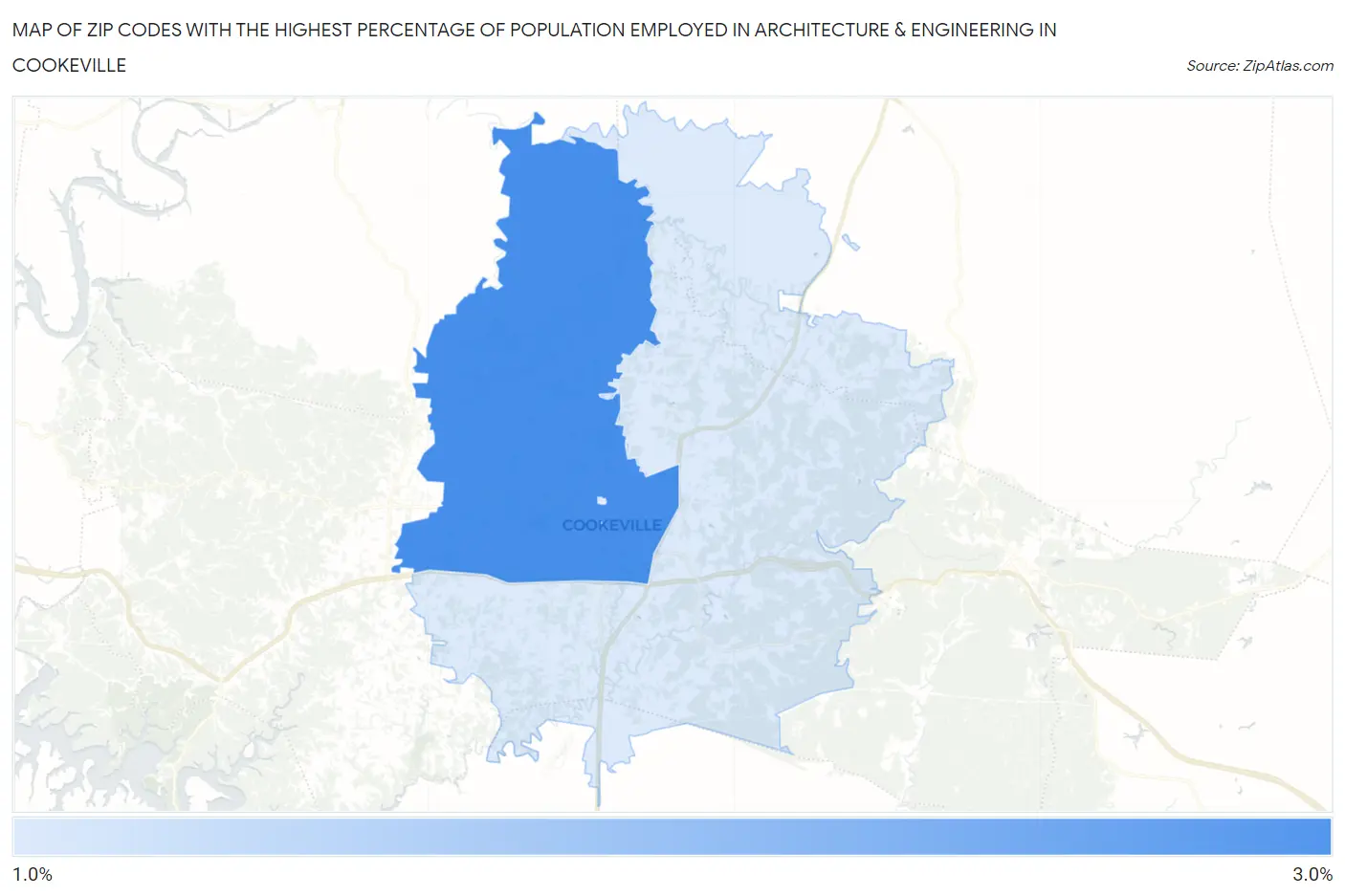 Zip Codes with the Highest Percentage of Population Employed in Architecture & Engineering in Cookeville Map