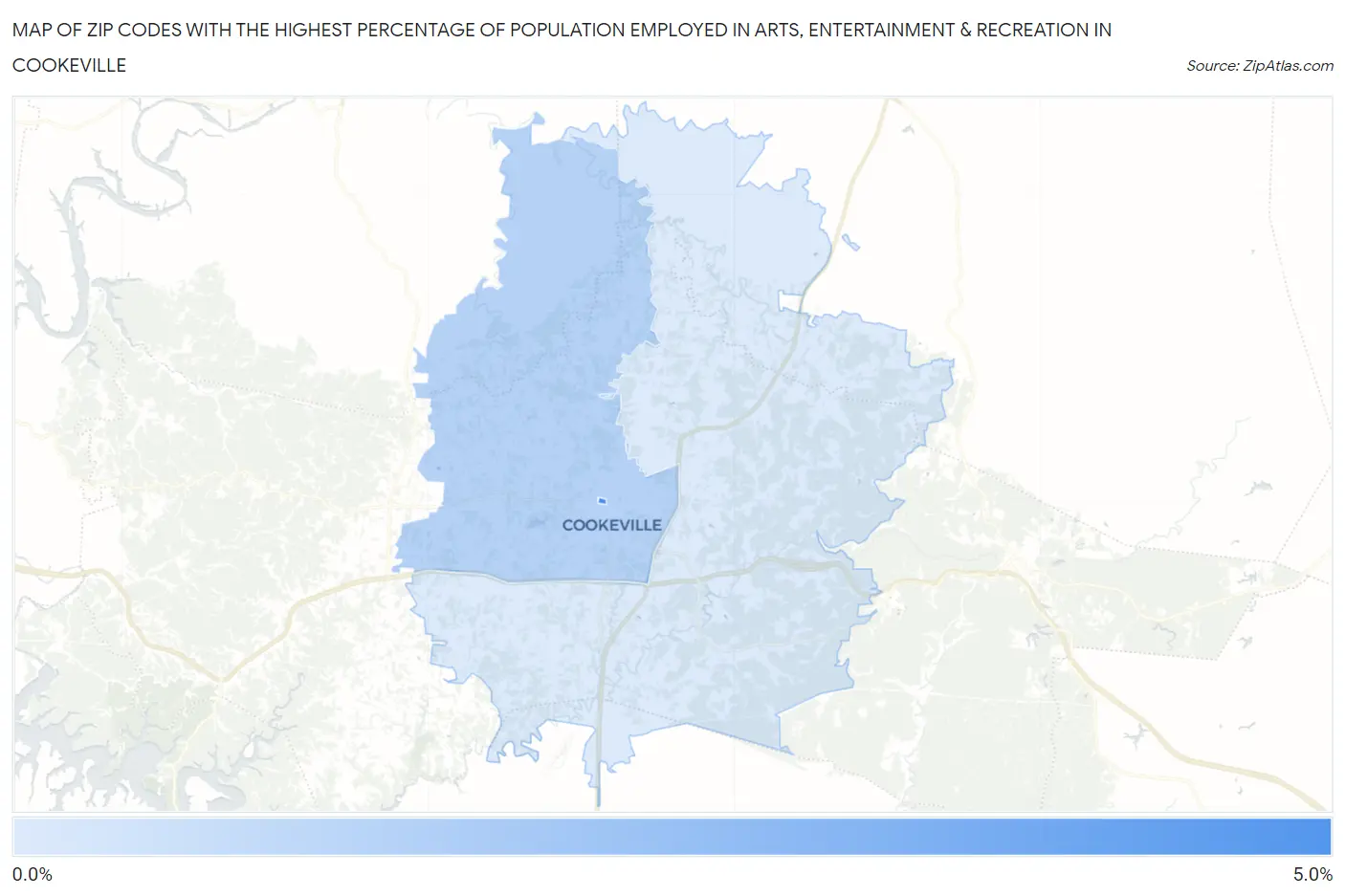 Zip Codes with the Highest Percentage of Population Employed in Arts, Entertainment & Recreation in Cookeville Map