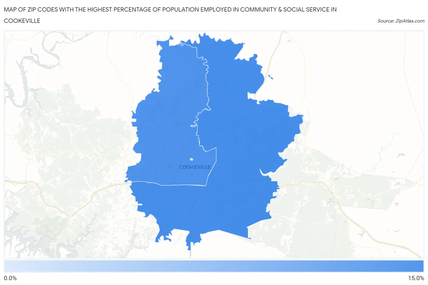 Zip Codes with the Highest Percentage of Population Employed in Community & Social Service  in Cookeville Map