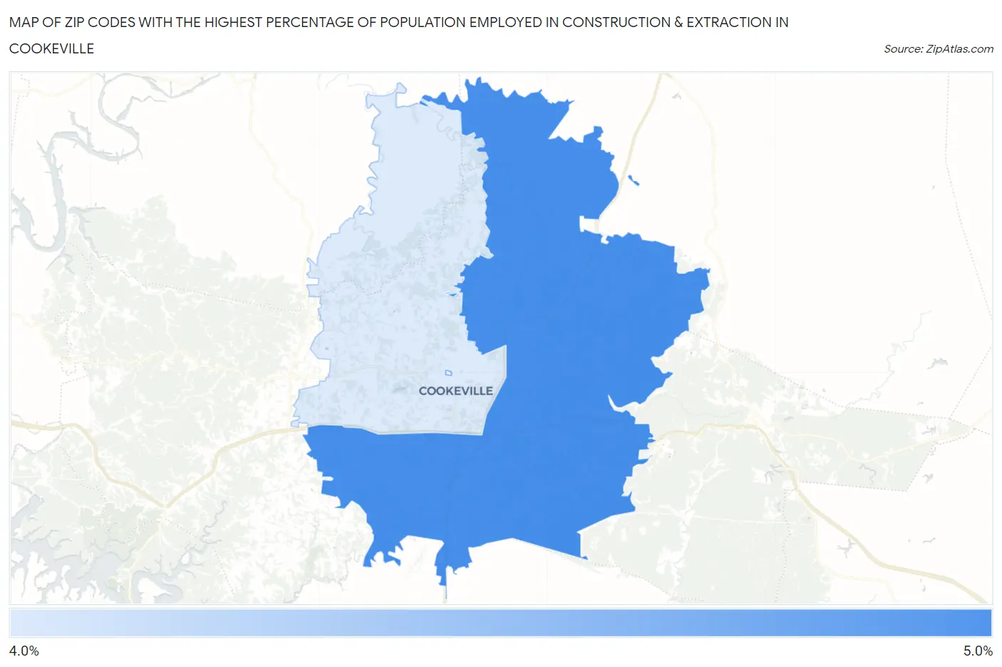 Zip Codes with the Highest Percentage of Population Employed in Construction & Extraction in Cookeville Map