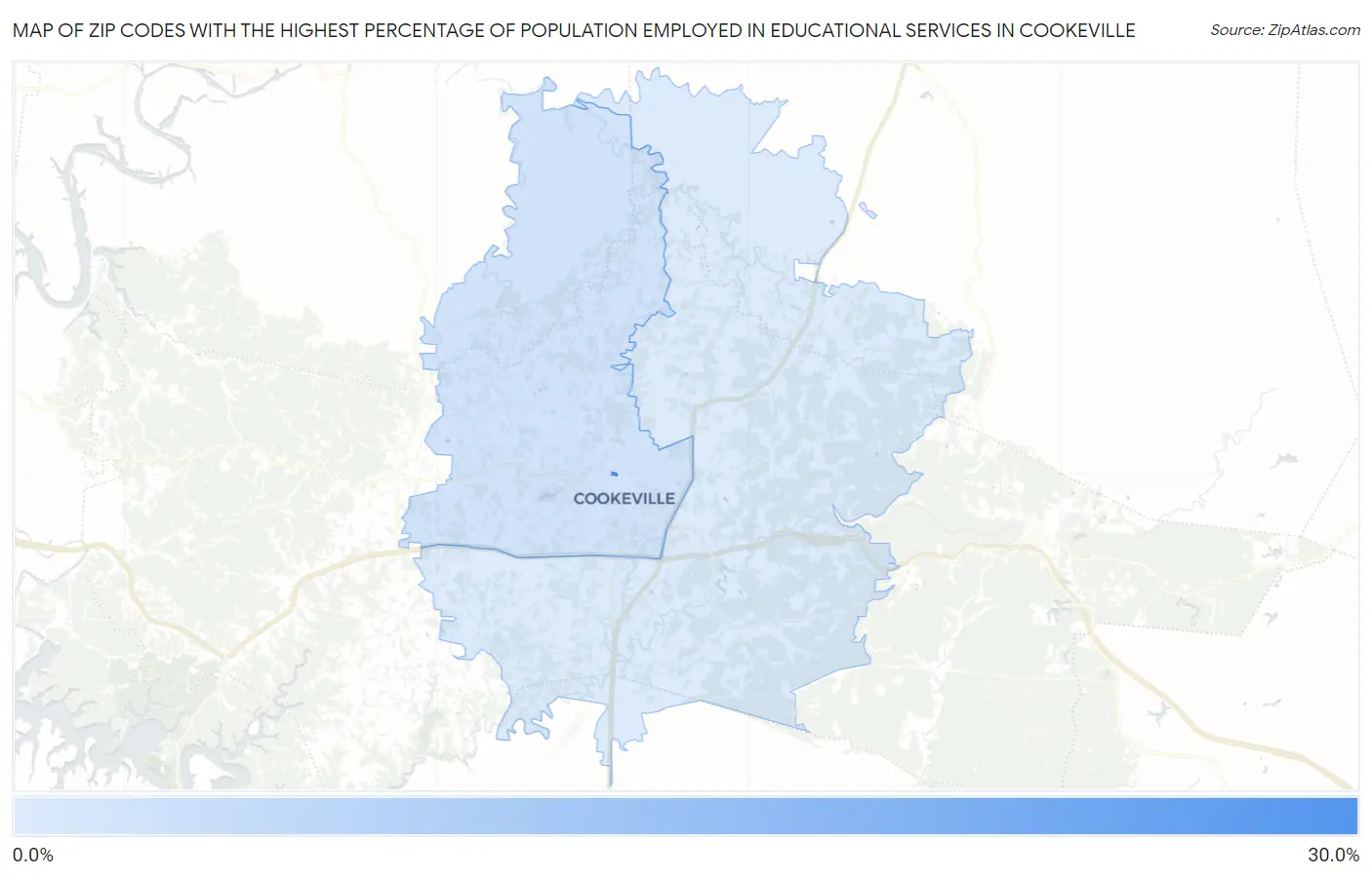 Zip Codes with the Highest Percentage of Population Employed in Educational Services in Cookeville Map