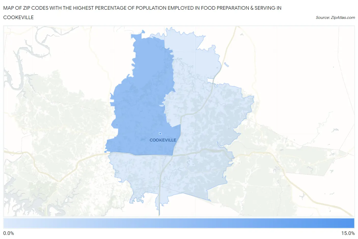 Zip Codes with the Highest Percentage of Population Employed in Food Preparation & Serving in Cookeville Map