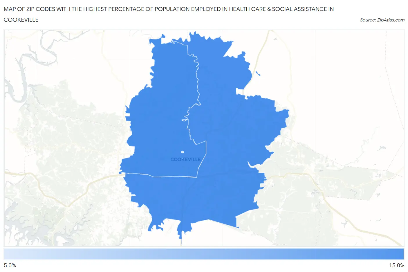 Zip Codes with the Highest Percentage of Population Employed in Health Care & Social Assistance in Cookeville Map