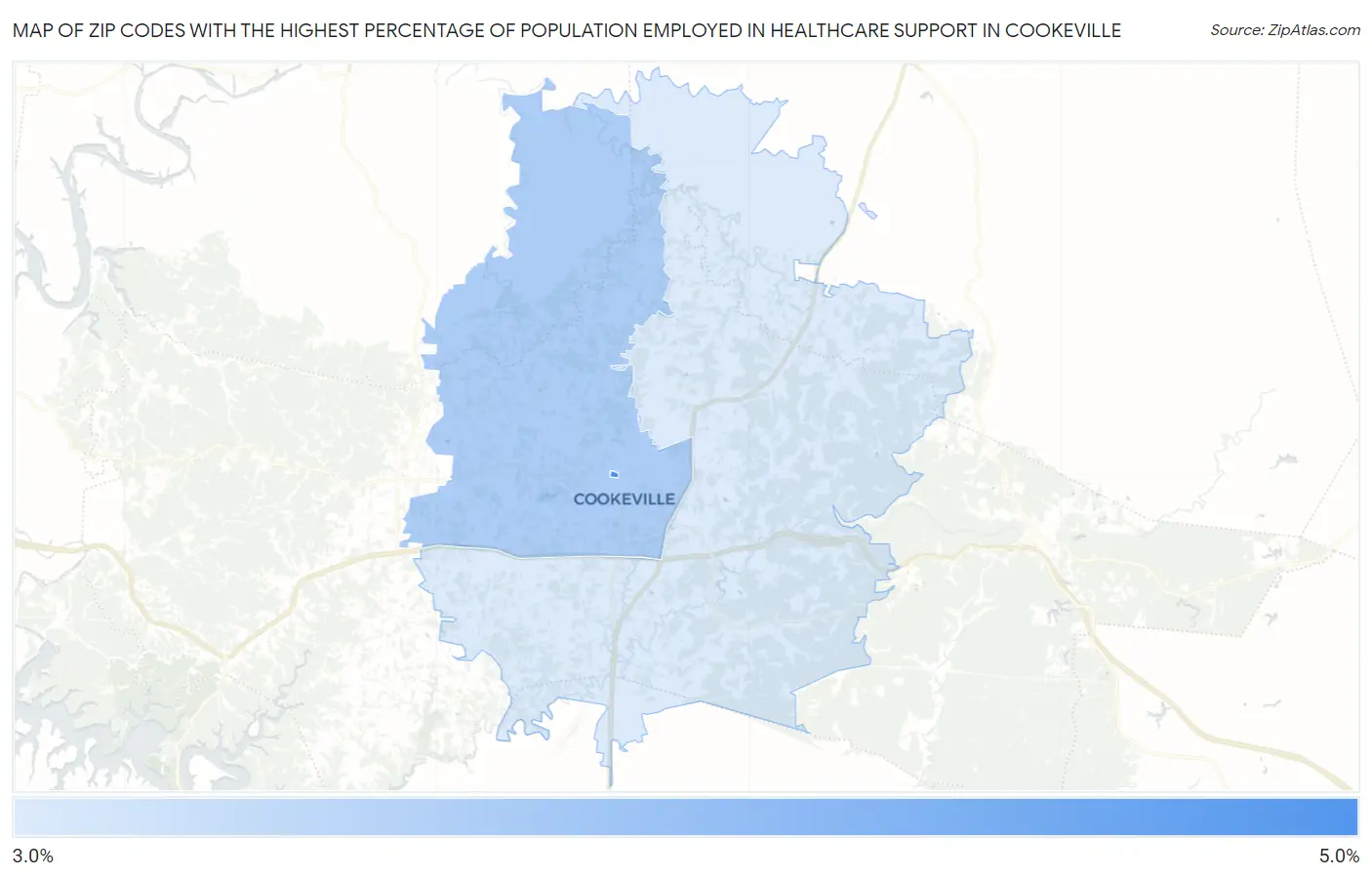 Zip Codes with the Highest Percentage of Population Employed in Healthcare Support in Cookeville Map