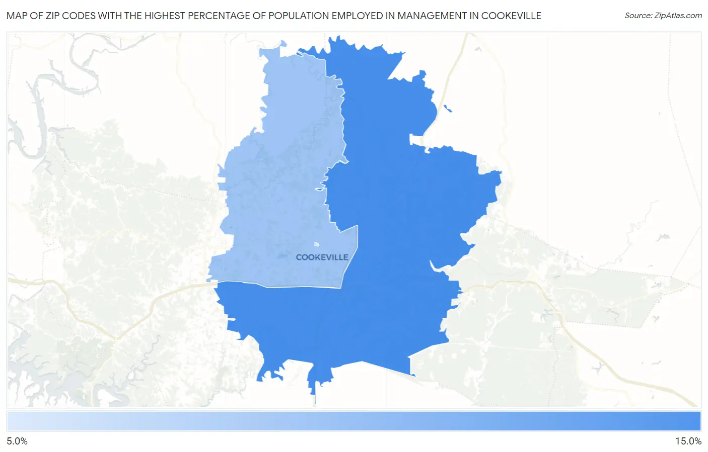Zip Codes with the Highest Percentage of Population Employed in Management in Cookeville Map