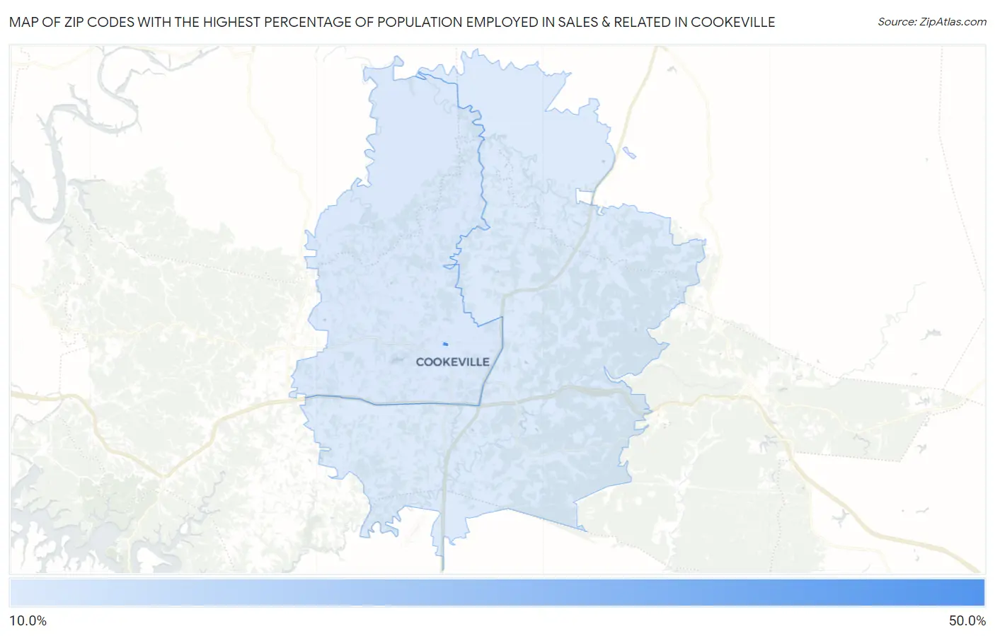 Zip Codes with the Highest Percentage of Population Employed in Sales & Related in Cookeville Map