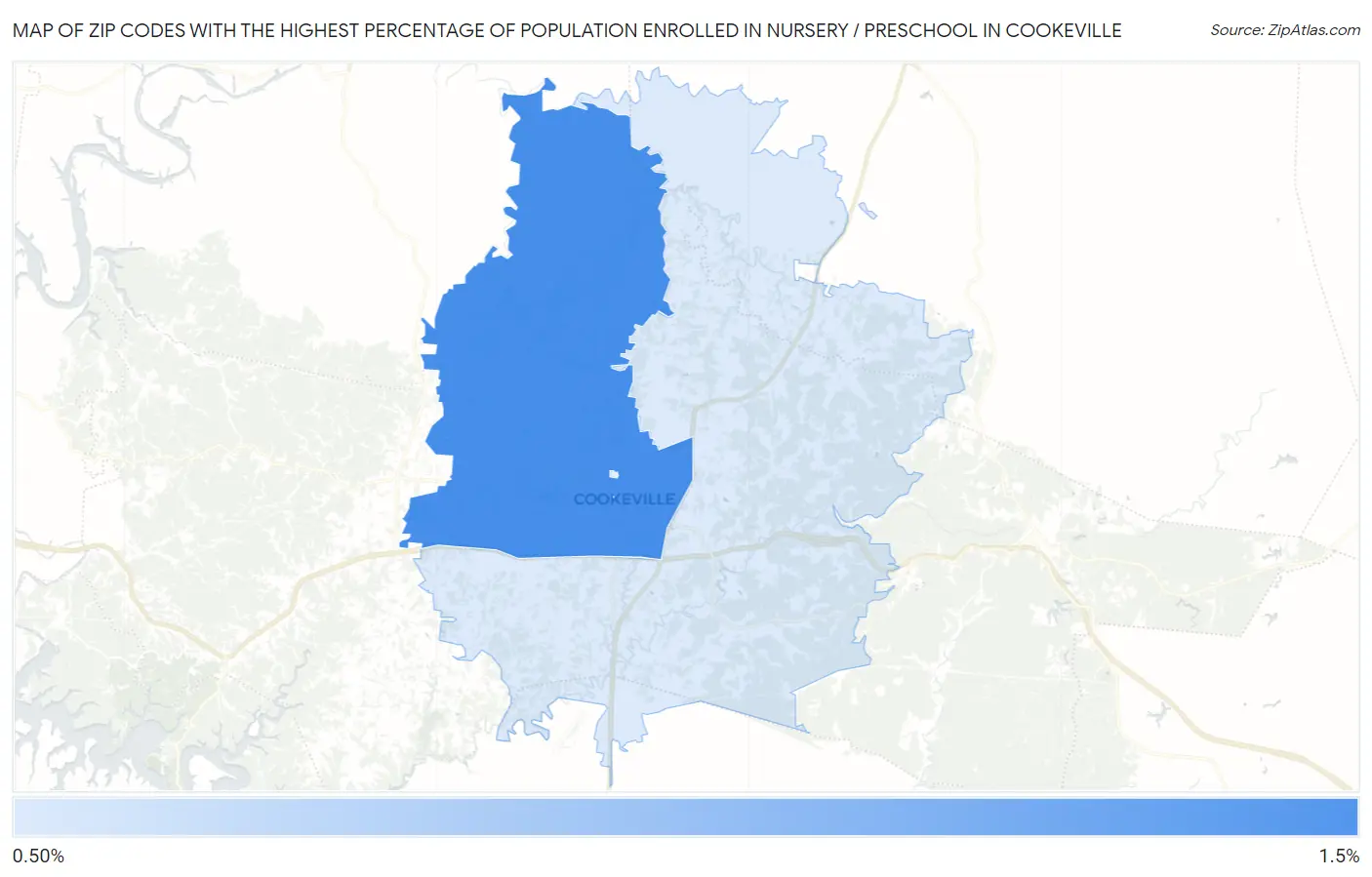 Zip Codes with the Highest Percentage of Population Enrolled in Nursery / Preschool in Cookeville Map