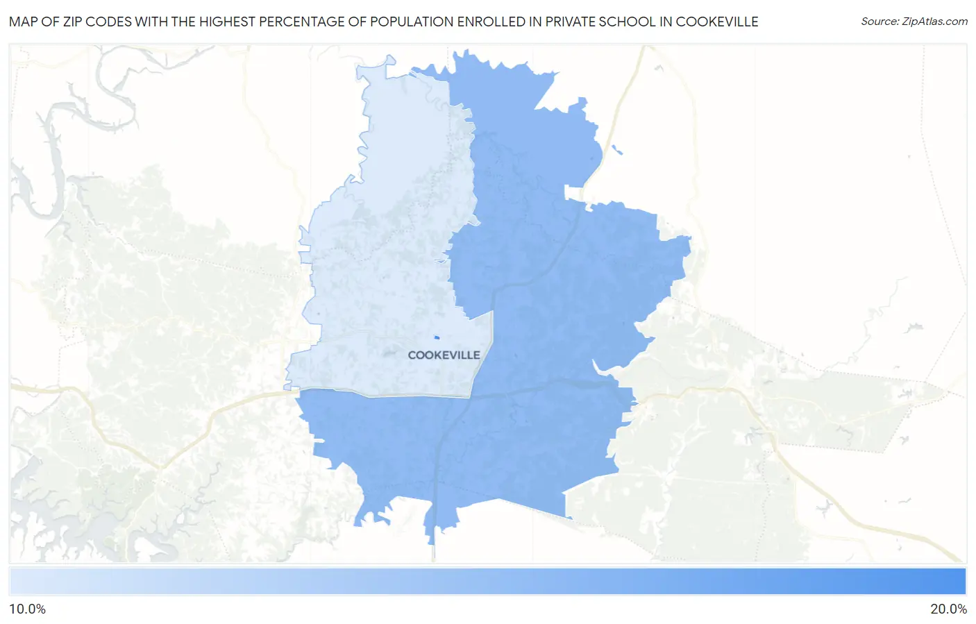 Zip Codes with the Highest Percentage of Population Enrolled in Private School in Cookeville Map