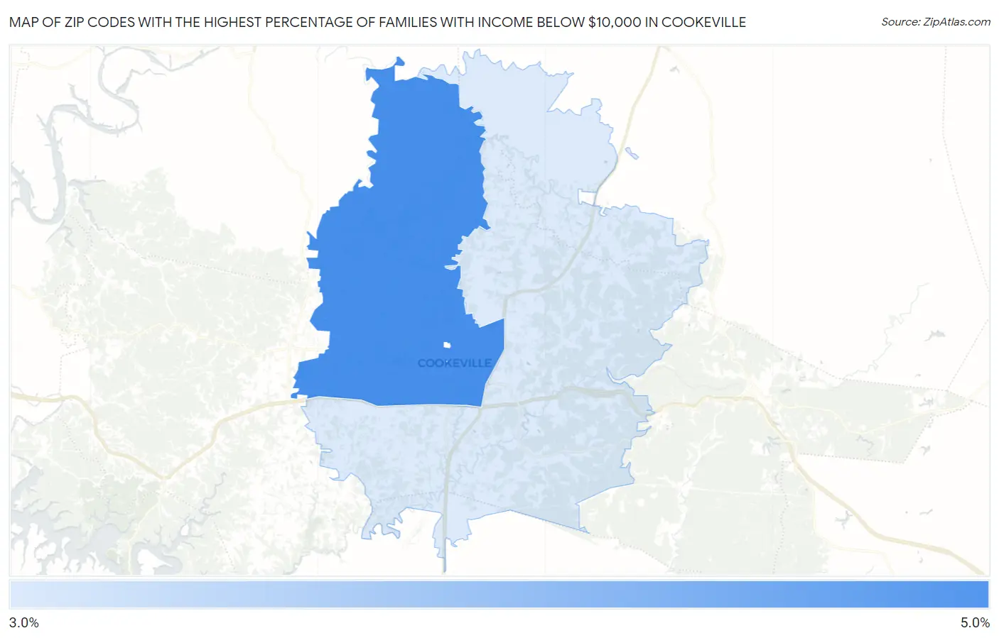 Zip Codes with the Highest Percentage of Families with Income Below $10,000 in Cookeville Map