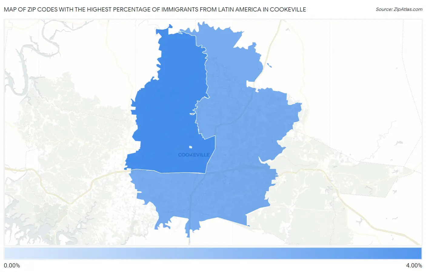 Zip Codes with the Highest Percentage of Immigrants from Latin America in Cookeville Map